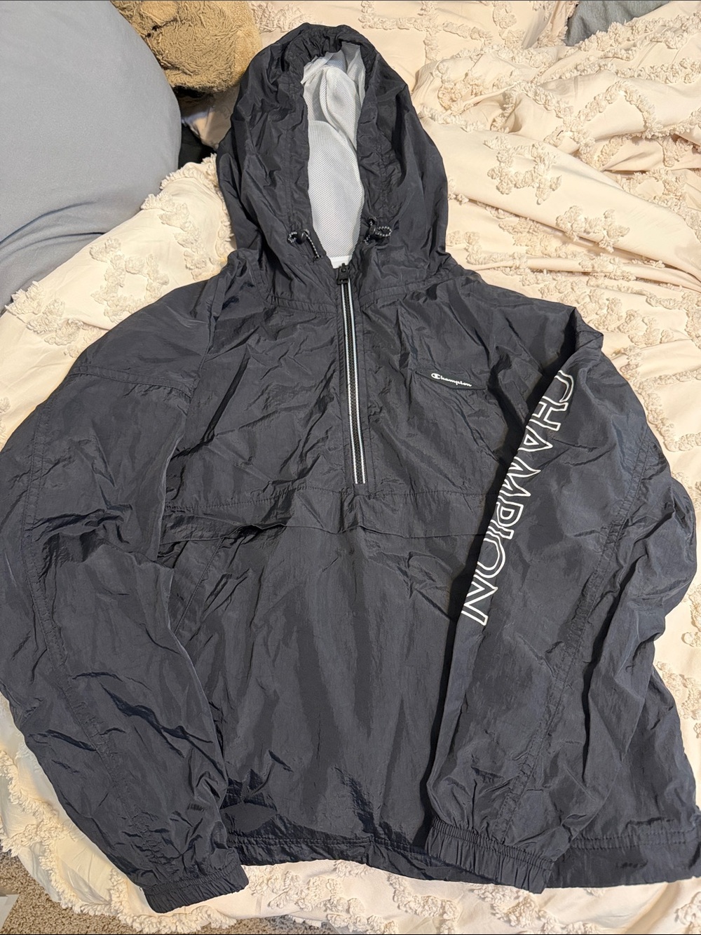 Champion Black Hooded Half-Zip Windbreaker with Sleeve Logo